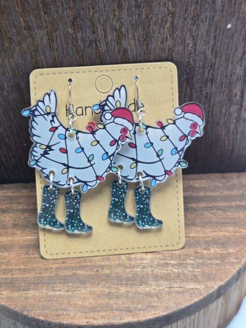 NWT Christmas Chicken Earrings Pierced Acrylic Boots Dangle Drop Light Weight